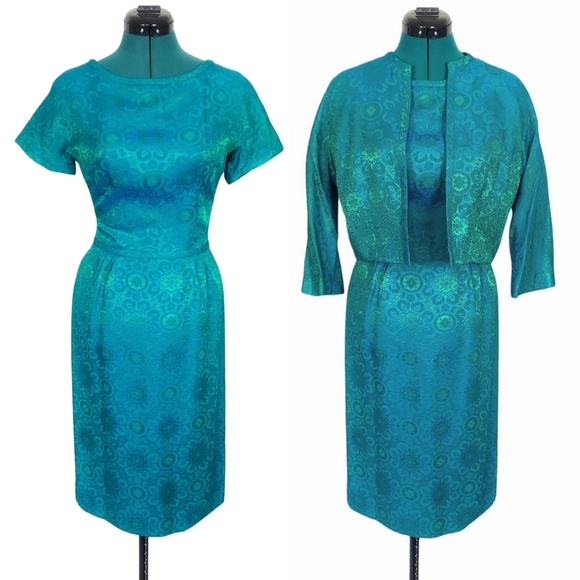 Peck & Peck Dresses & Skirts - 1950s Silk Brocade Dress Set 50s Vintage Midi Teal Turquoise Emerald Small Blue
